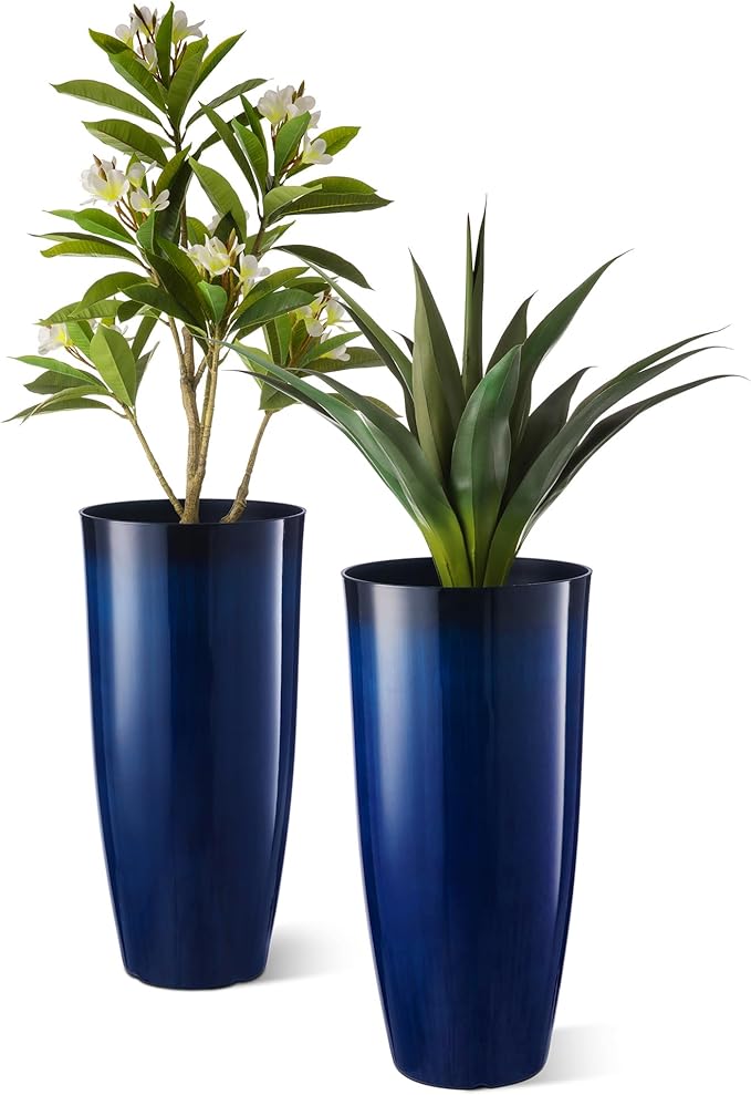 Glitzhome 30" H Tall Planters for Outdoor Plants, Set of 2 Plastic Large Outdoor Planters with Gradient Cobalt Blue Faux Ceramic Finish,Large Flower Pots with Drainage Holes for Front Porch Indoor Glitzhome