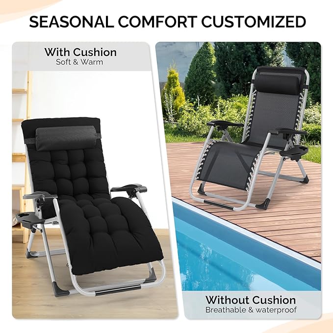 VINGLI 29" Padded Zero Gravity Chair, Lounge Chair with Removable Cushion & Tray, Folding Reclining Patio Chairs, Recliner Chair for Lawn,Indoor Outdoor-Black VINGLI