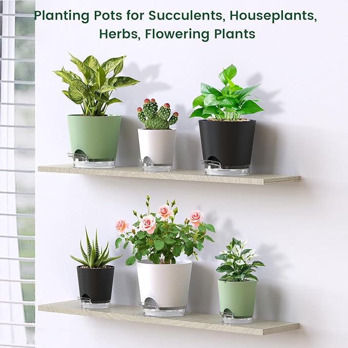 6 inch Self Watering Pots for Indoor Outdoor Plants, 6 Pack Flower Plant Pots with Drainage Holes and Clear Reservoirs, Visible Water Level, Plastic Planters with Wicking Rope, Black Meowell