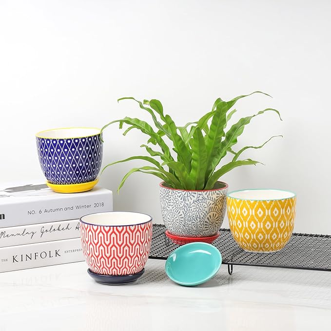 Selamica Ceramic Plant Pots, 4.6 Inch Flower Pots for Indoor Plants, Succulent Pots with Drainage Hole & Saucer, Succulent Planters for Succulent Cactus, Home Decor, Set of 4, Assorted Colors Selamica