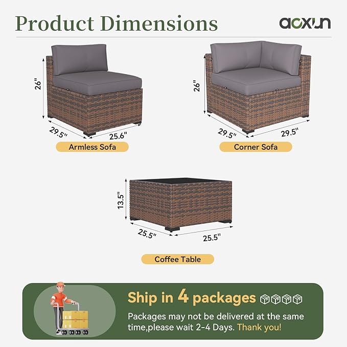 Aoxun 14 Piece Patio Furniture Set Wicker Rattan Patio Conversation Set Outdoor Sectional Sofa Set with Coffee Table and Thickened Cushions, Gray(Waterproof Cover Included) Aoxun