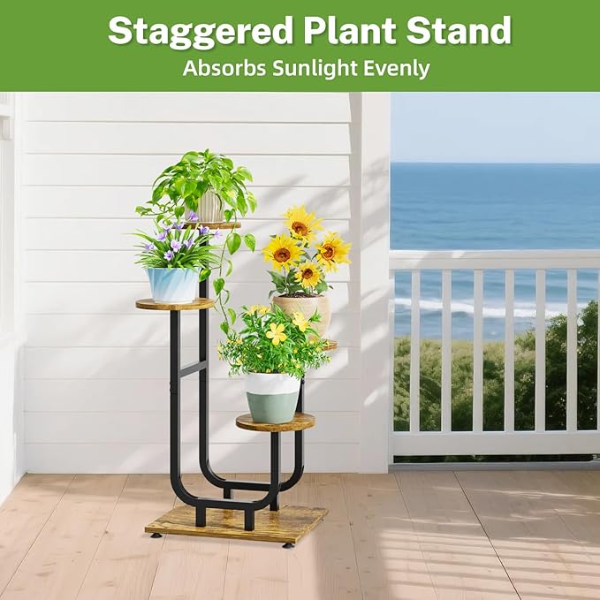 iDavosic.ly 4 Tier Plant Stand Indoor, Corner Tiered Multiple Flower Holder Shelf with Wooden Trays, Orchid Display Metal Rack for Patio Porch Living Room Balcony Outdoor, Modern Black & Rustic Brown iDavosicly