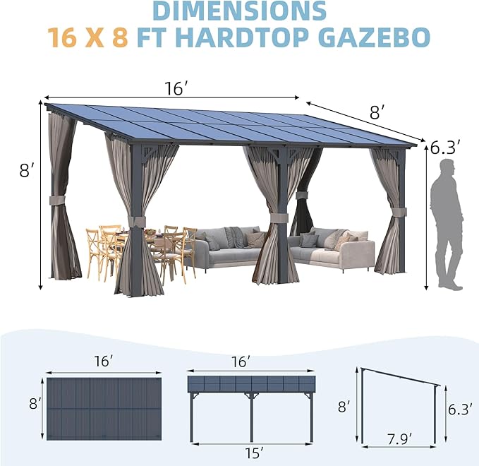 AECOJOY 16' x 8' Gazebo Outdoor Pergola with Curtains and Netting, 8'x16’ Hard Top Lean to Pergolas and Gazebos Clearance with Patio Roof Shelter, Large Wall-Mounted Heavy Duty Metal Awnings for Patio AECOJOY