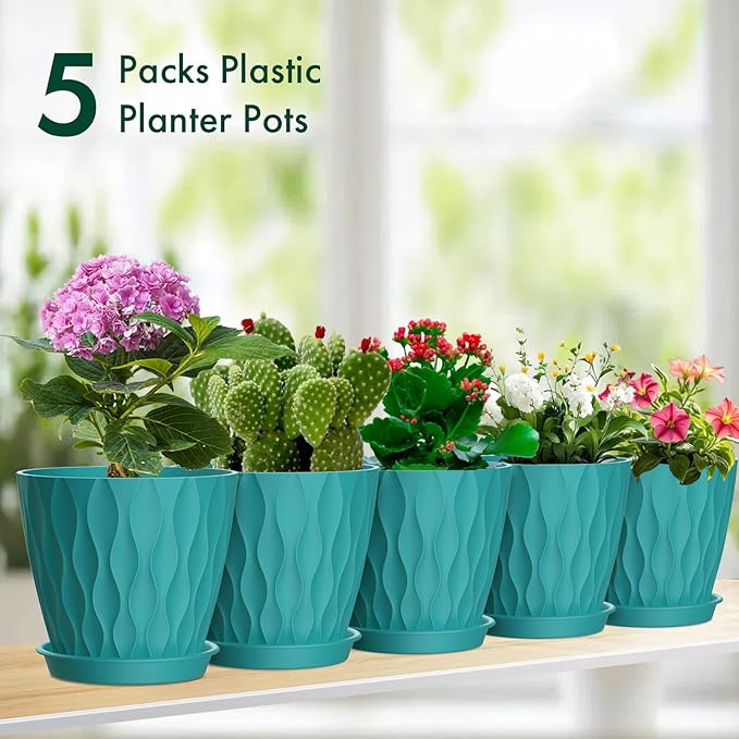 6 inch Flower Pots, 5 Pack Plant Pots for Indoor Plants, Water Ripples Plastic Planters with Drainage Holes and Saucers, Nursery Pots for Small Succulent Garden House Plants, Blue Green Meowell
