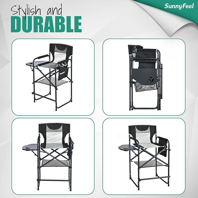 SUNNYFEEL Tall Camping Directors Chair, Portable Folding Artist Makeup Chair with Side Table, Pocket, Footrest, Heavy Duty for Beach,Trip,Picnic,Concert Outdoor Foldable Camp Lawn Chairs SunnyFeelCamping