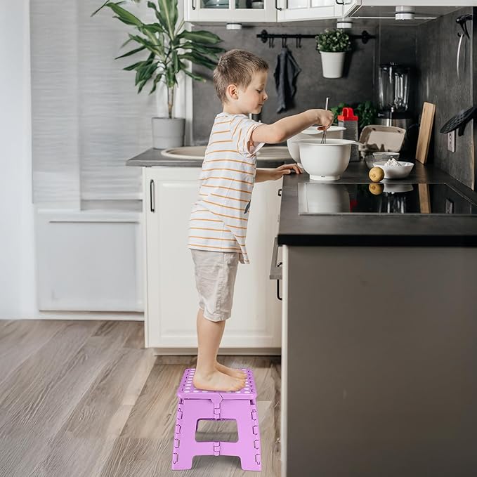 Delxo 9 inch Folding Step Stool, Non-Slip Foldable Small Stools Up to 300 LBS, Kids Step Stool with Handle Lightweight for Kitchen, Bathroom, Bedroom, Garden, Light Purple, 1PC Delxo