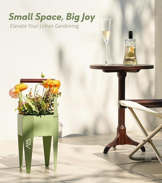 Planter with Stand, Metal 2 in 1 Portable Planter with Grow Bags & Handle, Stable Stylish Indoor Plant Pots with Stand, Modern Flower Pots Outdoor, 7.5'' x 17.3'', Green, Plant Not Included SculptingLightGarden