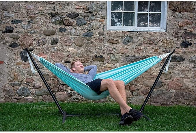 Vivere Double Polyester Hammock with Space Saving Steel Stand and Premium Carry Bag - 450 lb Capacity Vivere