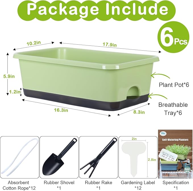 Window Box Planter 6 Pcs, 17 Inches Rectangle Flower Pots with Drainage Holes and Trays, Vegetable Planters for Windowsill Patio Garden Balcony Home Indoor Outdoor (Light Green, 18*10*6 inch) Oliz
