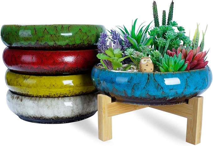 ARTKETTY Succulent Pot, 10 Inch Large Succulent Planter Pot with Stand, Ceramic Bonsai Pot with Mess Drainage Screen Shallow Cactus Flower Pot for Indoor/Outdoor Plants ARTKETTY