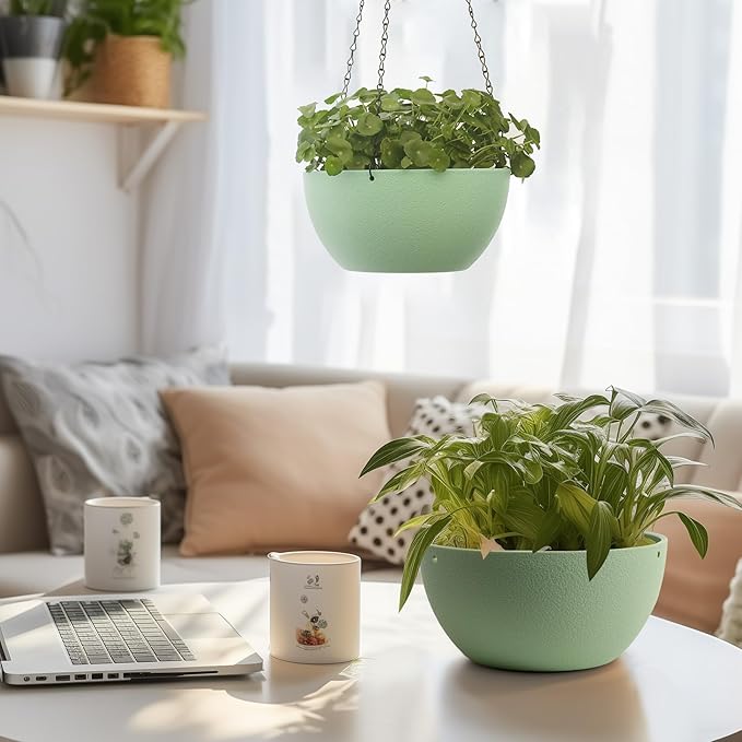 T4U 8 Inch Hanging Planter for Indoor Plants, 2 Pack Small Pots with Drainage Holes, Flower Basket Plant Holder for Home, Green T4U