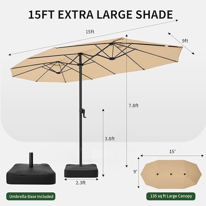 OLILAWN Patio Table Umbrella, 15ft Large Deck Umbrella with Base Included, Outdoor Double-Sided Rectangle Market Umbrella with Aluminium Crank, 12 Sturdy Ribs, for Deck Porch Garden, Cream OLILAWN