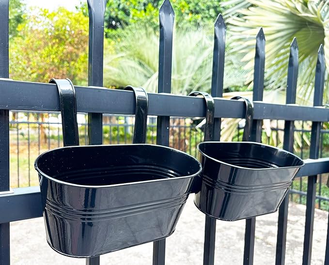 2 Pack Metal Hanging Planter for Outdoor Plants, 10 Inch Black Fence Planters Railing Pots for Garden Patio Balcony Decor, Flower Bucket with Detachable Hooks (Black, 2Pcs) JOYFERNAL