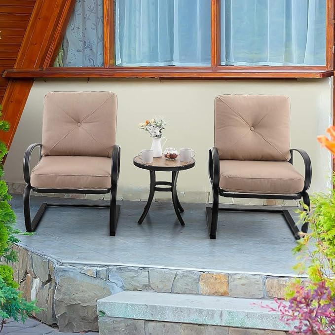 PHI VILLA Outdoor Round Side Table Set of 2, 19" Small Metal End Table with Wood Top, Outside All Weather Coffee Bistro Table for Patio, Deck, Porch, Balcony, Indoor PHIVILLAThepioneerofcomfortablehouseholdsupplies