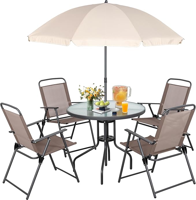 Vongrasig 6 Pieces Folding Patio Dining Set, All Weather Small Metal Outdoor Table and Chairs Set, Patio Furniture Set w/Umbrella, Glass Table & 4 Folding Chairs for Garden, Lawn, Backyard, Brown Vongrasig