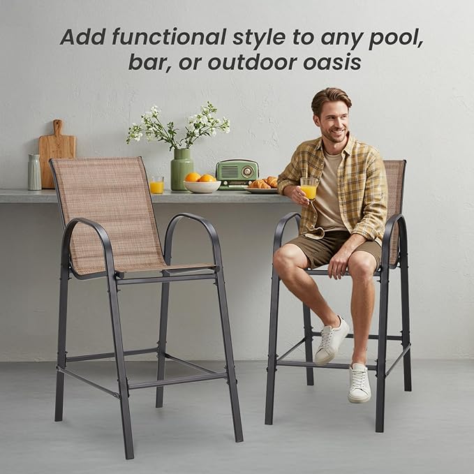 HOMREST Outdoor Bar Height Stools Set of 4,High Back Patio Chairs with Armrests,Textilene Chairs with Breathable Fabric & Metal Frame for All Weather,Brown HOMREST