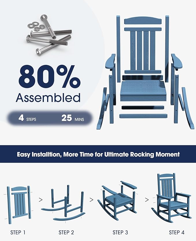 KINGYES HDPE Outdoor Rocking Chair, Widened Seat Patio Rocking Chair, Oversized All Weather Patio Rocker, Navy KINGYES