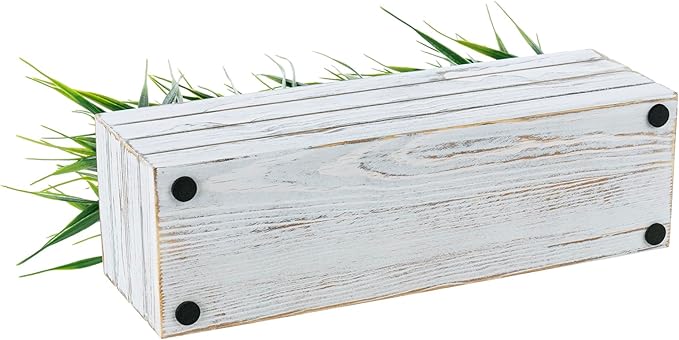MyGift 14 Inch Artificial Green Grass Plant in Shabby White Washed Wood Planter Window Box - Faux Greenery in Rectangular Crate Style Wooden Container MyGiftHome