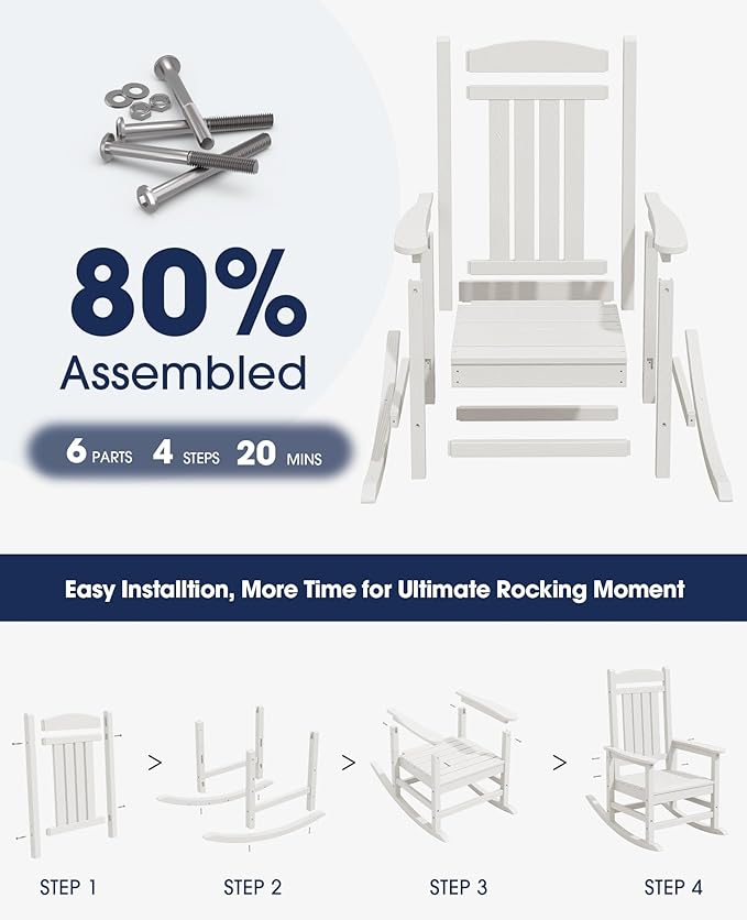 KINGYES HDPE Patio Rocking Chair Set of 4, Outdoor Rocking Chairs Porch Rocker for Adults, White KINGYES
