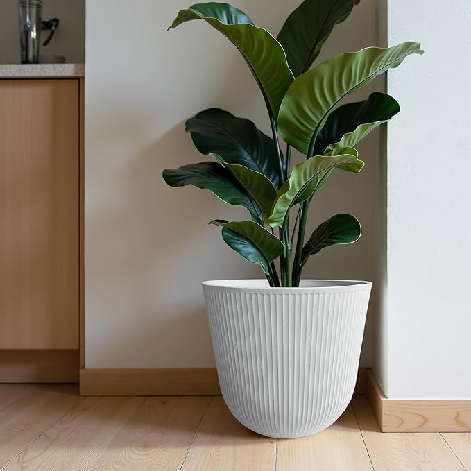 WORTH Garden Round Large Planter Pot Set of 2-17.5" Dia x 15.5" H - Durable Plastic White Plant Tree Pots with Vertical Stripe Textured Finish, Drainage Hole for Indoor, Outdoor, Front Porch, Patio WORTH