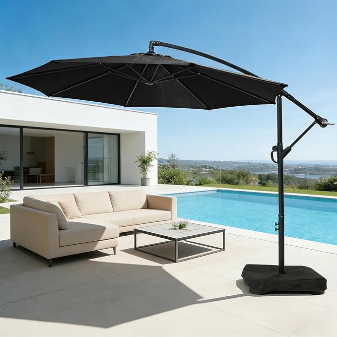 wikiwiki 10ft Patio Umbrella with Base Included, Outdoor Offset Cantilever Umbrella with Sandbag Base for Backyard, Garden and Pool, Easy to Tilt and Crank, Black WikiwikiPatioUmbrellas