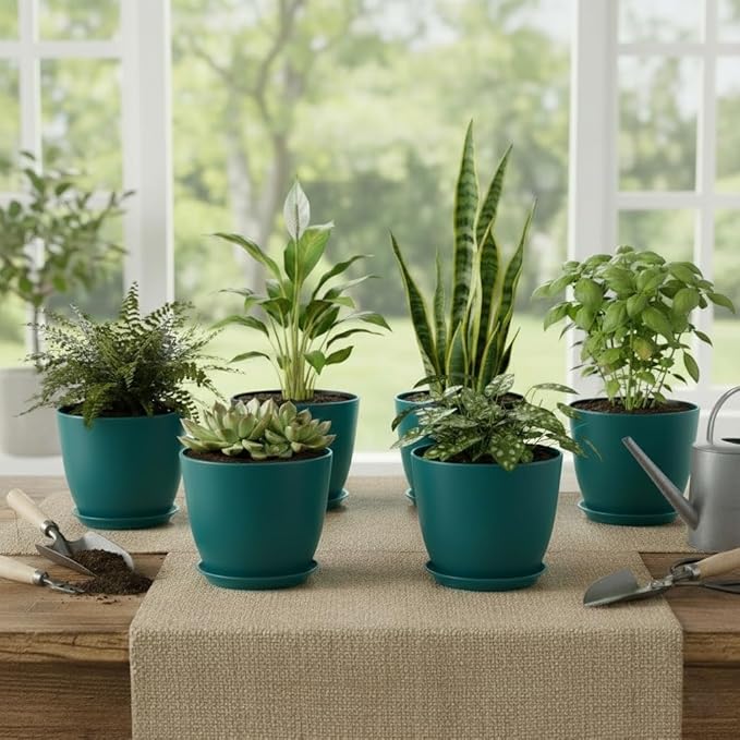 Plant Pots 8 Inch Set of 6, Flower Pots with Drainage Holes and Saucer, Plastic Garden Planters for Indoor & Outdoor Plants (Deep Green) Vanslogreen