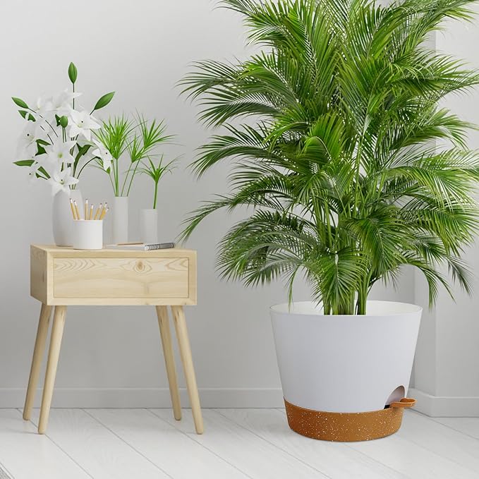 12 inch Large Self Watering Pots for Indoor Outdoor Plants, Flower Plant Pots with Drainage Holes for Garden House Plants, Plastic Planters with Reservoir for Home, White with Brown Meowell