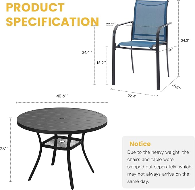VICLLAX 5 Pieces Patio Dining Set for 4, Outdoor Furniture Set Includes 40.7" Round Patio Table and 4 Patio Stackable Chairs, Black Tabletop and Blue Fabric HOME
