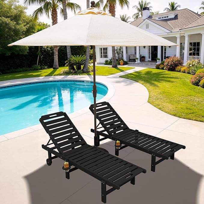 SERWALL Outdoor Chaise Lounge Set of 2 with 9FT Umbrella, HDPE Pool Lounge Chair with 5-Position Adjustable Backrest, Patio Lounger with Rolling Wheels & Cup Holder for Pool, Black SERWALL