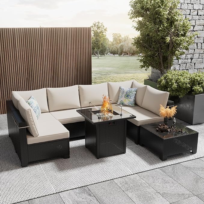 8 Pcs Patio Furniture Set with Fire Pit Table Wicker Outdoor Sectional Sofa, Conversation Set Perfect for Backyard, Garden, Deck (Deep Brown/Beige) Ophelian