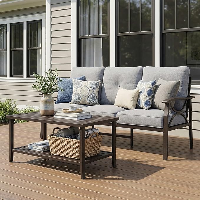 RoyalCraft 3 Seats Outdoor Patio Furniture Set, Outdoor Metal Sectional Furniture with Cushions, Outdoor Conversation Set with Coffee Table for Balcony, Backyard, Garden, Deck, Grey Bringyoubetterlife