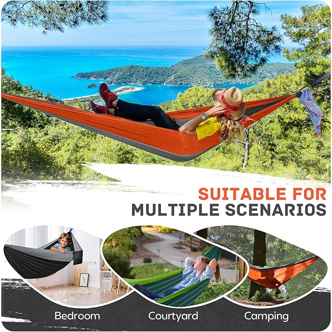 Camping Hammock Lightweight, Portable Hammocks Parachute Hammock with Two Tree Straps, Single or Double Travel Swing Nylon Camp Hammocks, Outdoor Essentials for Beach Backpacking Hiking, Orange Rootora