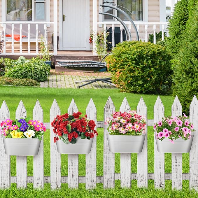 MADHOLLY Railing Planter with Drainage Holes - Sturdy Bucket Pots for Railing Fence, Countryside Style Metal Flower Pots for Herbs Balcony Garden Yard Decor, 4Pcs, White MADHOLLY