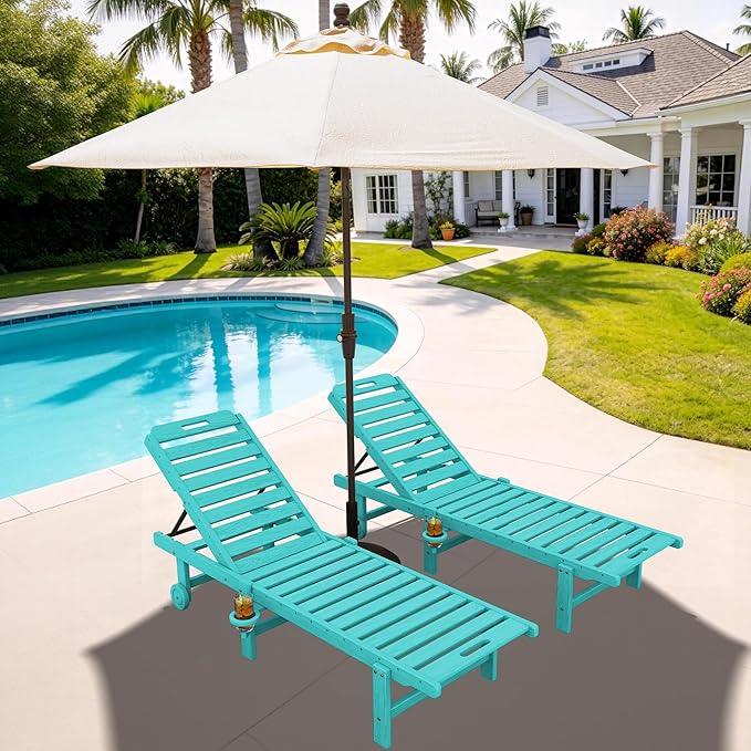 SERWALL Outdoor Chaise Lounge Set of 2 with 9FT Umbrella, HDPE Pool Lounge Chair with 5-Position Adjustable Backrest, Patio Lounger with Rolling Wheels & Cup Holder for Pool, Aruba SERWALL