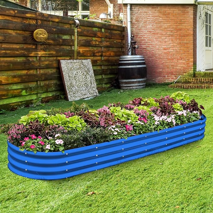 Land Guard 8×2×1ft Galvanized Raised Garden Bed Kit, 108 Gallon Capacity Raised Garden Boxes Outdoor, Oval Metal Raised Garden Beds for Vegetables, Blue(with 10 Connecting rods) LandGuard