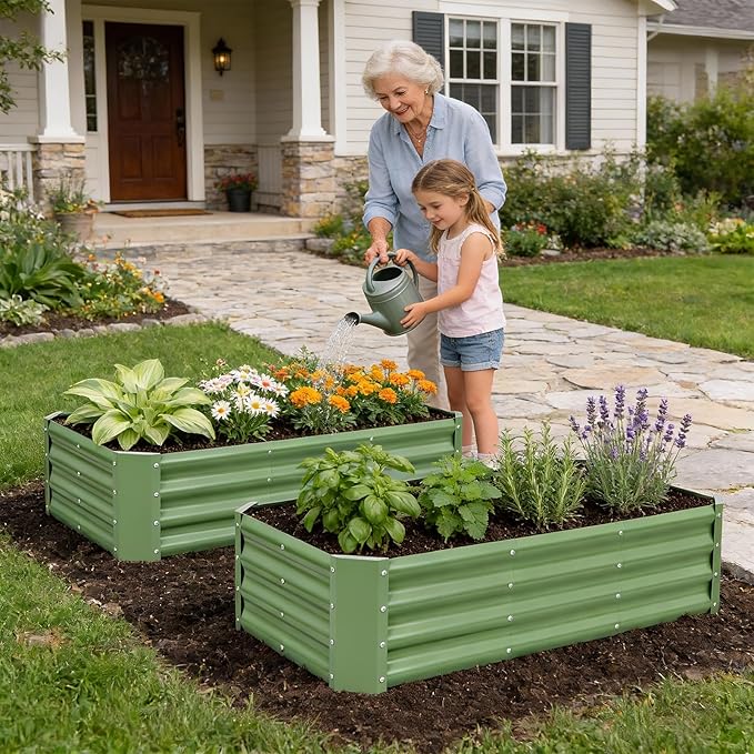 INNO STAGE Galvanized Raised Garden Bed Kit, 4x2x1FT Metal Raised Garden Beds for Vegetables, Rust-Resistant & Easy Assembly, Outdoor Raised Beds for Gardening, Flowers, Herbs (Green) INNOSTAGE