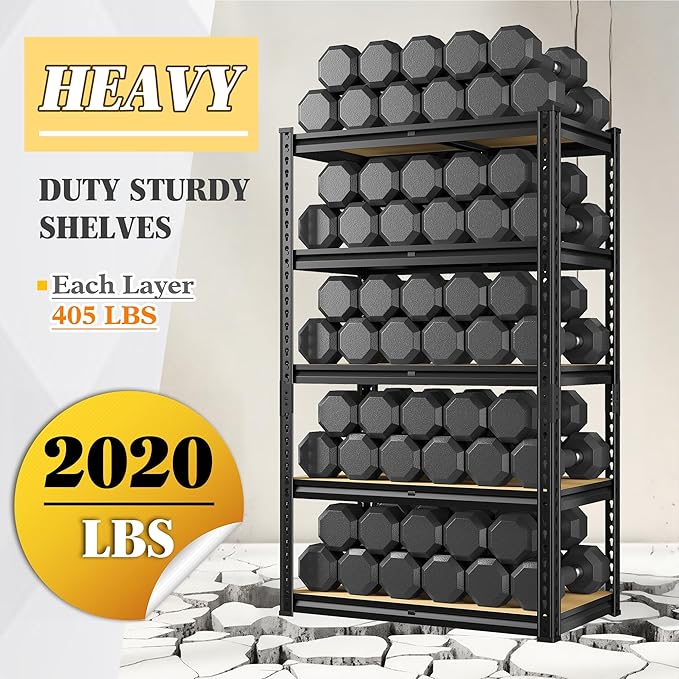 Set of 2 Storage Shelves 5 Tier Garage Shelving Heavy Duty Metal Shelving 2020LBS Adjustable Metal Shelf 59.8" H Pantry Shelf for Garage Pantry Closet Kitchen Basement 28"W x 12"D x 59.8"H,2 Pack REIBII