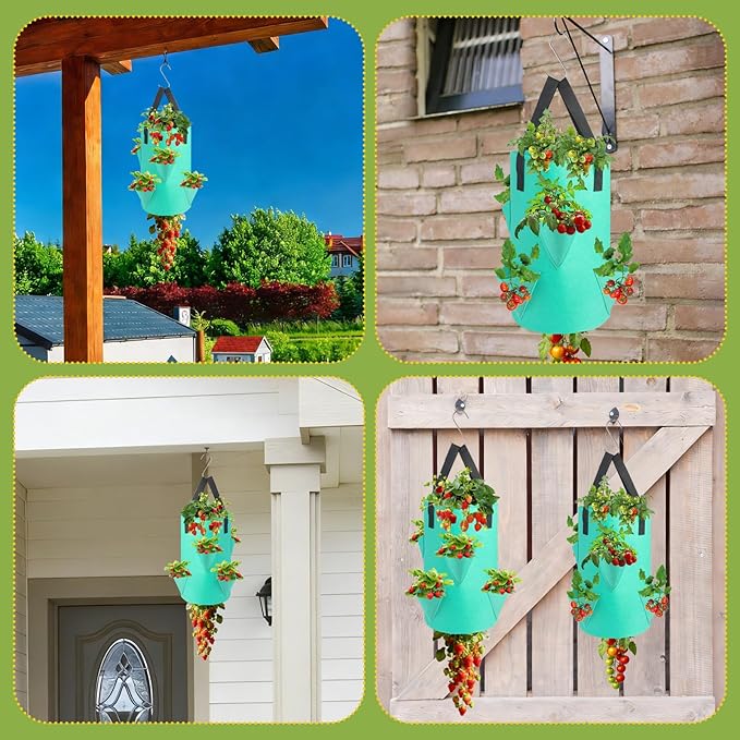 5 Pack Upside Down Strawberry Hanging Planter, 3 Gallon Tomato Hanging Grow Bags with 5 Hooks, Hanging Tomato Strawberry Grow Planters Vegetable Planting Bags with 6 Planting Holes for House Garden Rootora