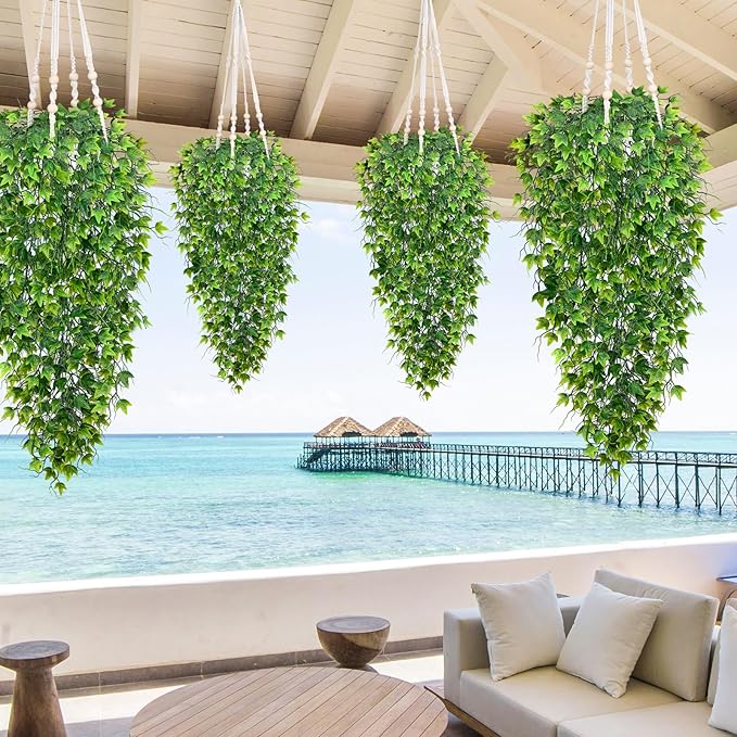 Waipfaru Artificial Hanging Ivy for Outdoors, Fake Hanging Plants, 4pcs Faux Ivy Pothos Vines Greenery for Wall Home Bedroom Living Aesthetic Kitchen Office Aesthetic Kitchen Indoor Outdoor Decor Waipfaru