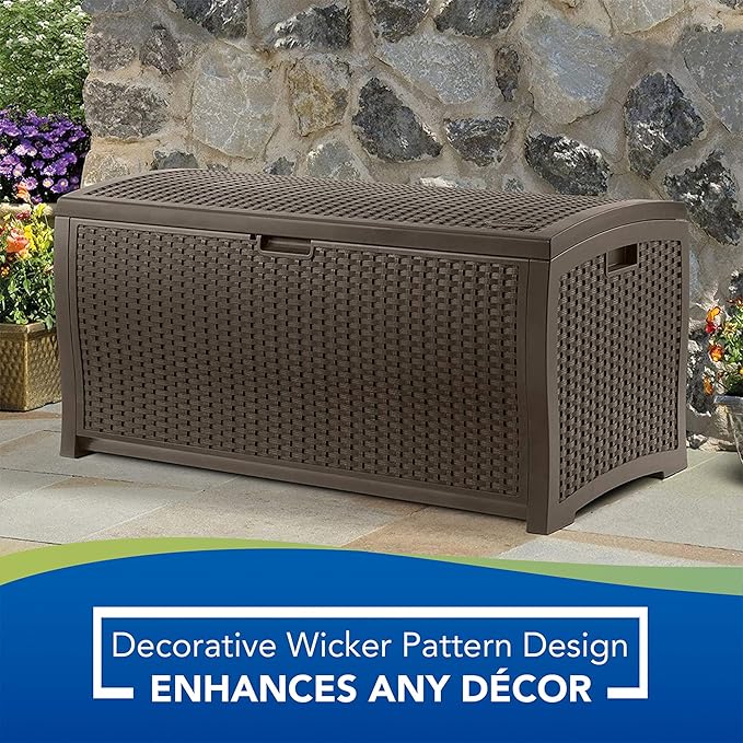 Suncast Outdoor Storage Box - 73 Gallon Mocha Brown Deck Box for Patio, Waterproof Outdoor Storage Bench, Resin Wicker Style, Heavy-Duty, Lockable Lid for Cushions, Shoes, Pool & Garden Gear Suncast