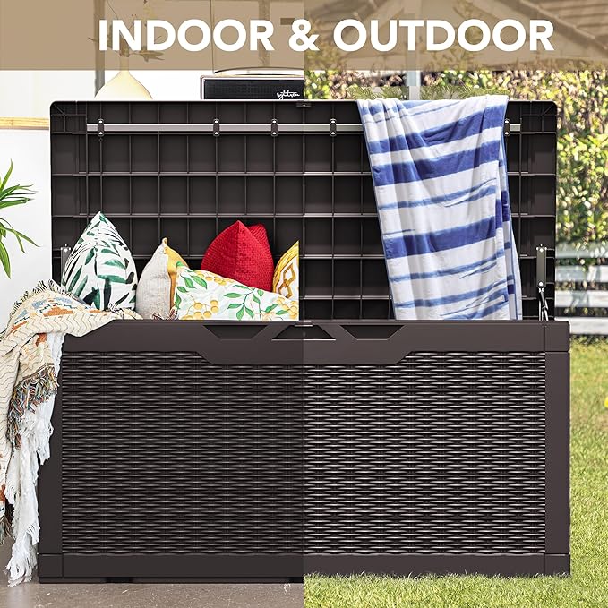 Devoko 100 Gallon Waterproof Large Resin Deck Box Indoor Outdoor Lockable Storage Container for Patio Furniture Cushions Garden Tools (100 Gallon, Dark Brown) DEVOKO