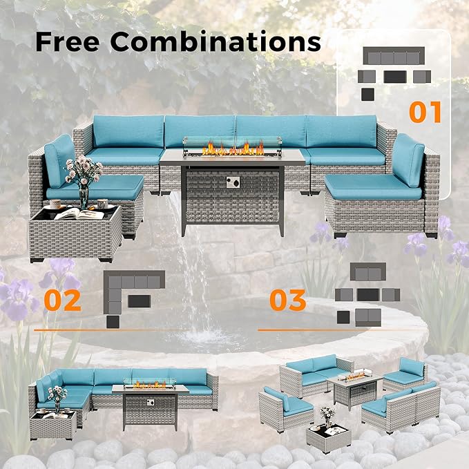 12-Seat Modern Outdoor Wicker Rattan Patio Furniture Set with 55,000 BTU Fire Pit Table, Thick 4″ Cushions, All-Weather Dual-Strand Rattan, Rust-Resistant Steel Frame,Blue MASIONBACKYARDS