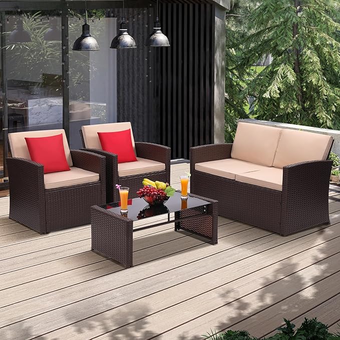 4-Piece Patio Furniture Set, Wicker Outdoor Rattan Sectional Sofa with Cushions and Glass Table, All-Weather Outdoor Conversation Set, Ideal for Garden, Porch, Backyard, Beige KROFEM