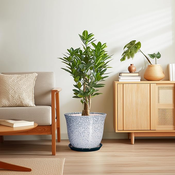 12 Inch Pot for Plants- Ceramic Planter Indoor Outdoor, Round Large Plant Pots with Drainage Hole and Saucer, Decorative Flower Pots, Modern Planter, Garden Decor, Plant Lovers Gifts, Green SUNPOTFOR