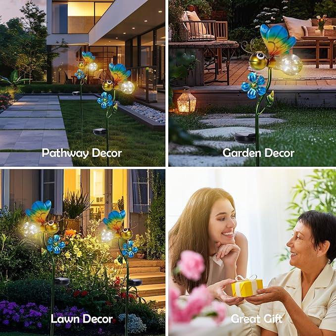 Decorative Solar Lights Outdoor Solar Bee Stake Lights Metal Decorative Garden Lights Outdoor Waterproof Stakes for Pathway Yard Lawn Decoration Mothers Day Mom Gifts Afirst