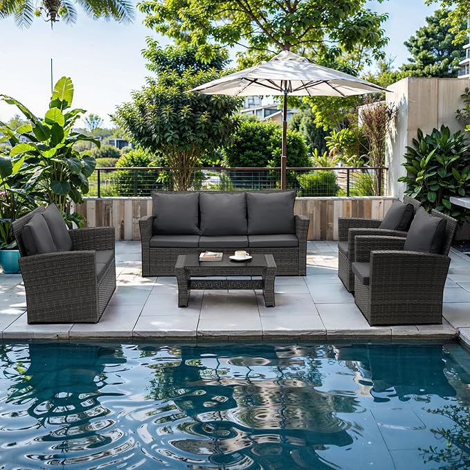 Wisteria Lane 5 Piece Patio Furniture Set, Wicker Outdoor Patio Conversation Furniture Set, All Weather Outdoor Patio Sofa with Cushion and Glass Table, Dark Grey WisteriaLane