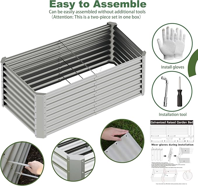4x2x2ft(2 Pack) Raised Garden Bed Kit, Galvanized Planter Garden Boxes Outdoor, Metal Raised Garden Beds for Vegetables,Fruits, Flower,Silver kingddeergardenbed