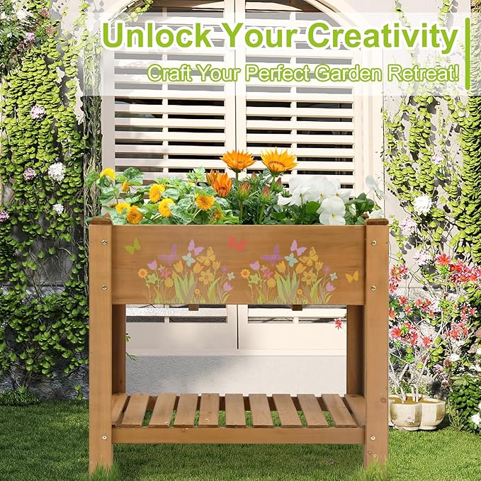 Raised Garden Bed with Legs - Elevated Wooden Planter Box, Durable Fir Wood, Reinforced Frame with Drainage Holes, Liner, and Storage Shelf for Vegetables, Herbs, Flowers, 33.5" x 18" x 30" Ketive