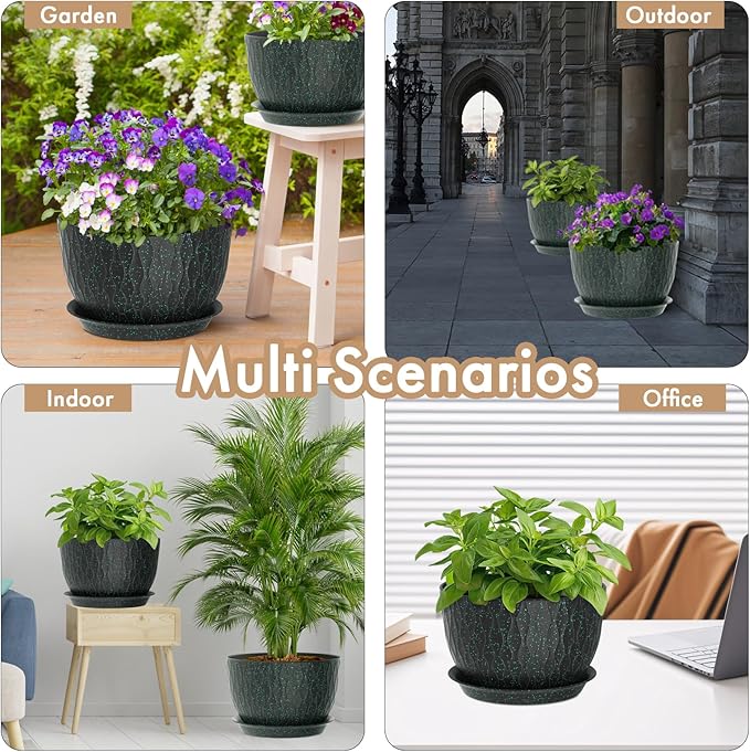 12 Inch Wide Water Ripples Flower Pots for Indoor or Outdoor Plants, Large Plant Pots with Drainage Holes & Saucer, Plastic Planters Set for Garden & Home Decor (Black with Green Speckles) WSMKSZ