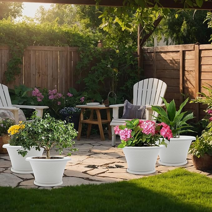 Quarut 12 Inch Plant Pot,4 Pack Large pots for Plants,Flower Pots with Drainage Hole & Saucer,Modern Planters for Indoor Outdoor Plants,Decorative Resin Garden Pots,White Quarut